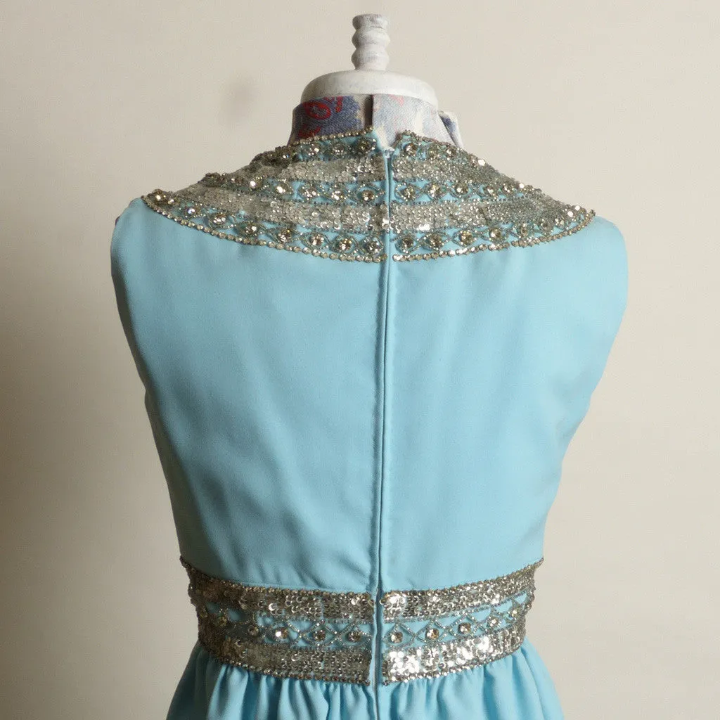 1950s Ceil Chapman Blue Rhinestone and Sequined Gown/Dress