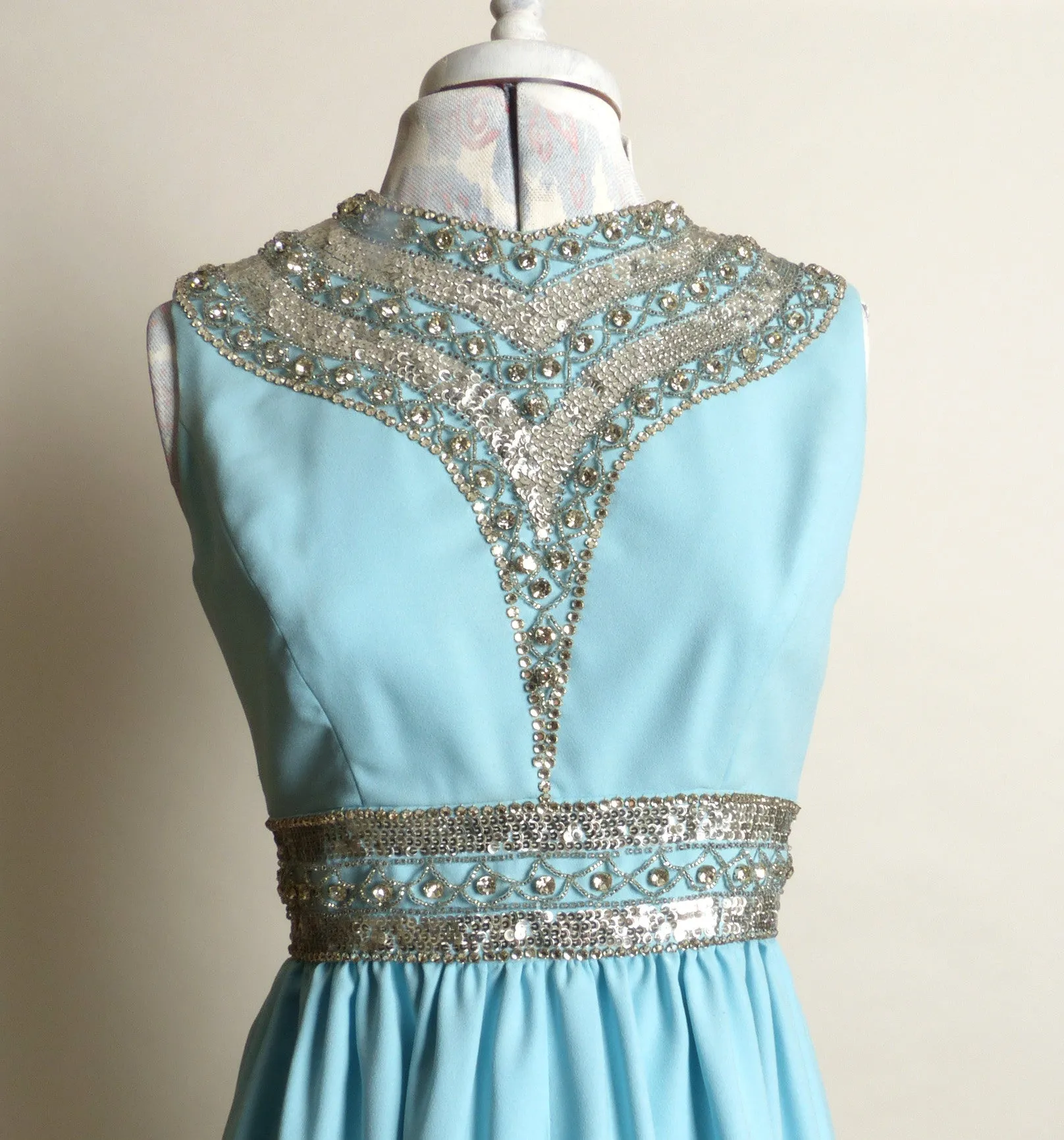 1950s Ceil Chapman Blue Rhinestone and Sequined Gown/Dress