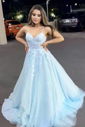 A Line V Neck Backless Light Blue Lace Long Prom Dress, Light Blue Lace Long Formal Evening Dress