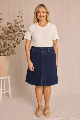 Adrift Denim Short A-Line Skirt in Mid Wash