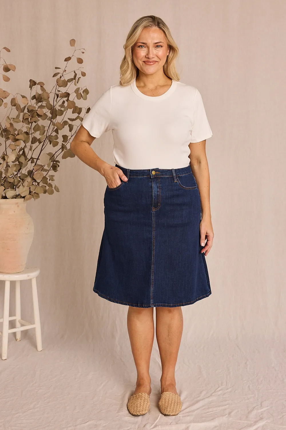 Adrift Denim Short A-Line Skirt in Mid Wash