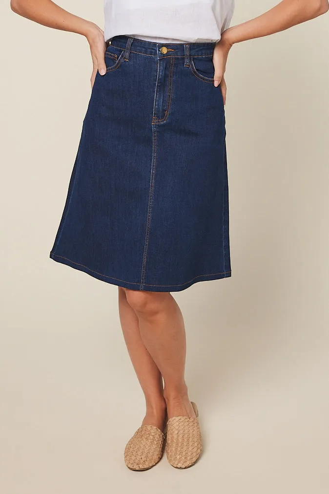 Adrift Denim Short A-Line Skirt in Mid Wash