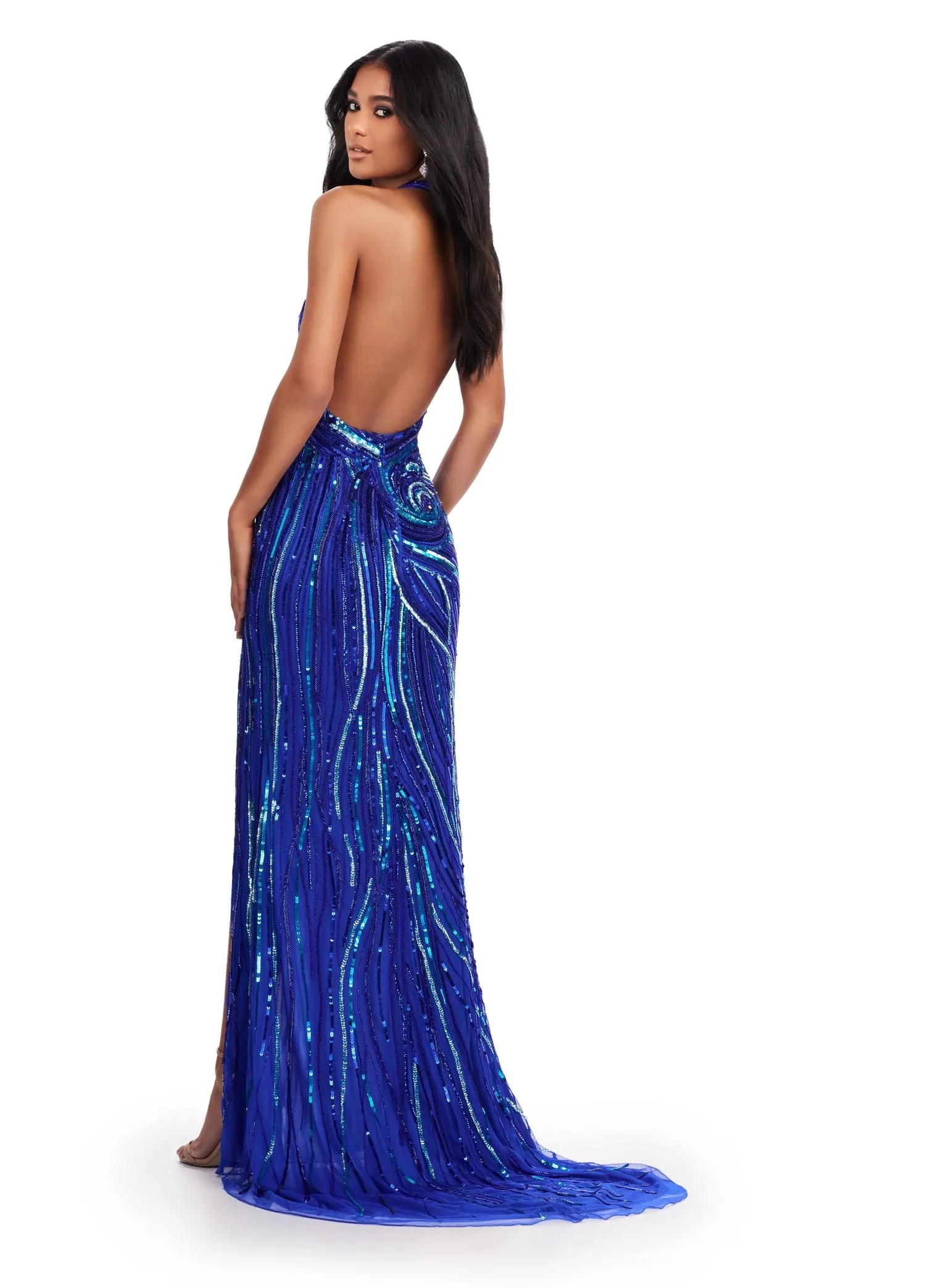 Ashley Lauren 11670 Long Beaded High Slit Halter Dress Pageant Formal Gown Backless