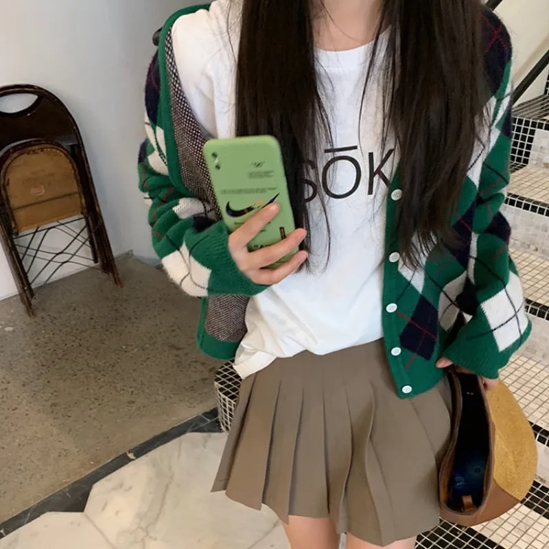 Autumn Women Argyle Knitted Cardigan Fashion Plaid Long Sleeve Casual V Neck Sweater Loose Green Korean Short Jacket