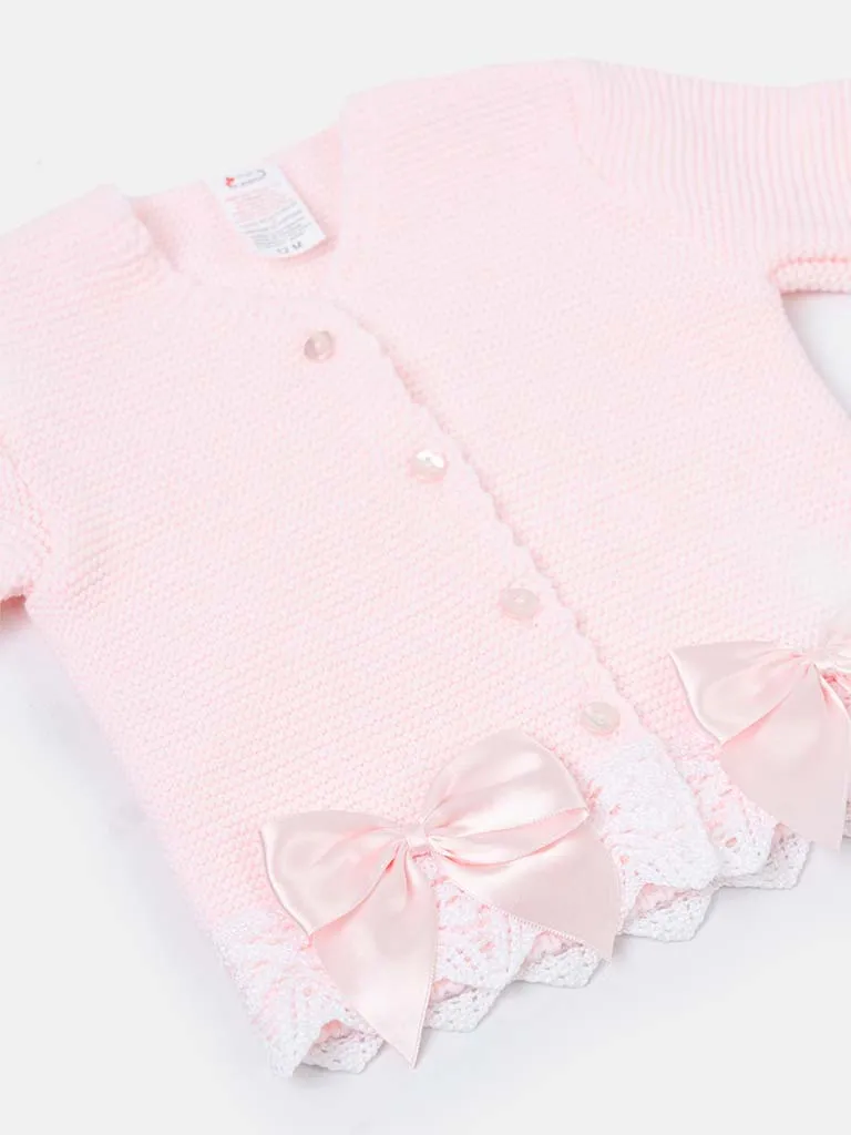 Baby Girl Cardigan with Bows and Lace-Baby Pink