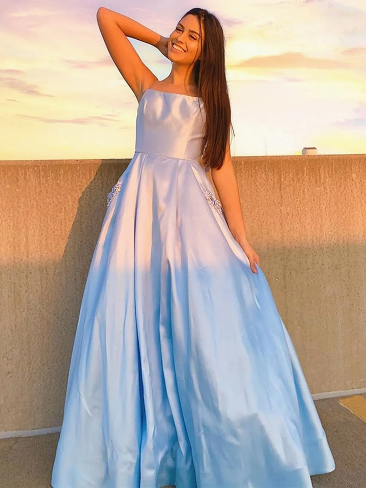 Backless Light Blue Long Prom with Pocket, Long Light Blue Formal Evening