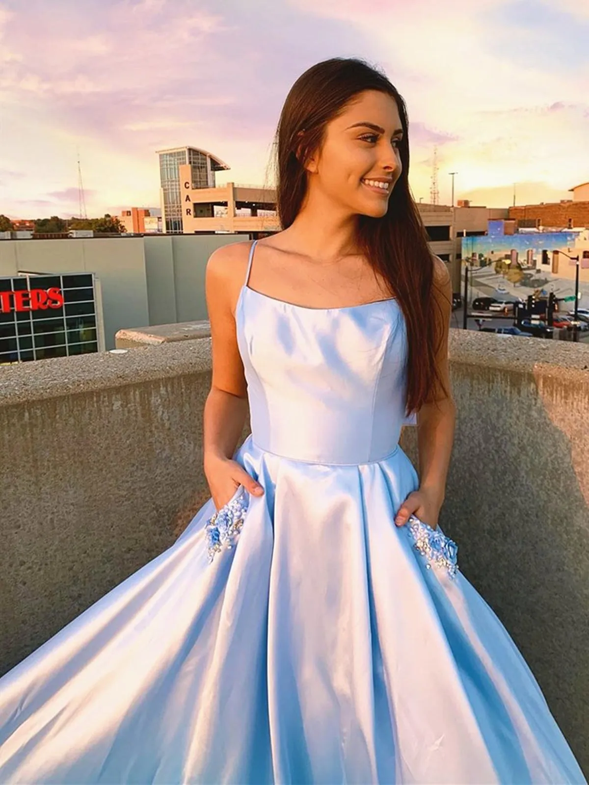 Backless Light Blue Long Prom with Pocket, Long Light Blue Formal Evening