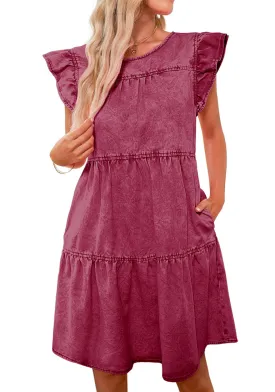 Baroque Rose Women's Mini Denim Babydoll Sleeveless Ruffle Sleeve Pleated Dress