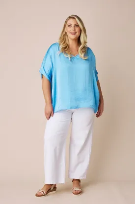 Bianca Short Sleeve Top Ocean Blue with V Neck