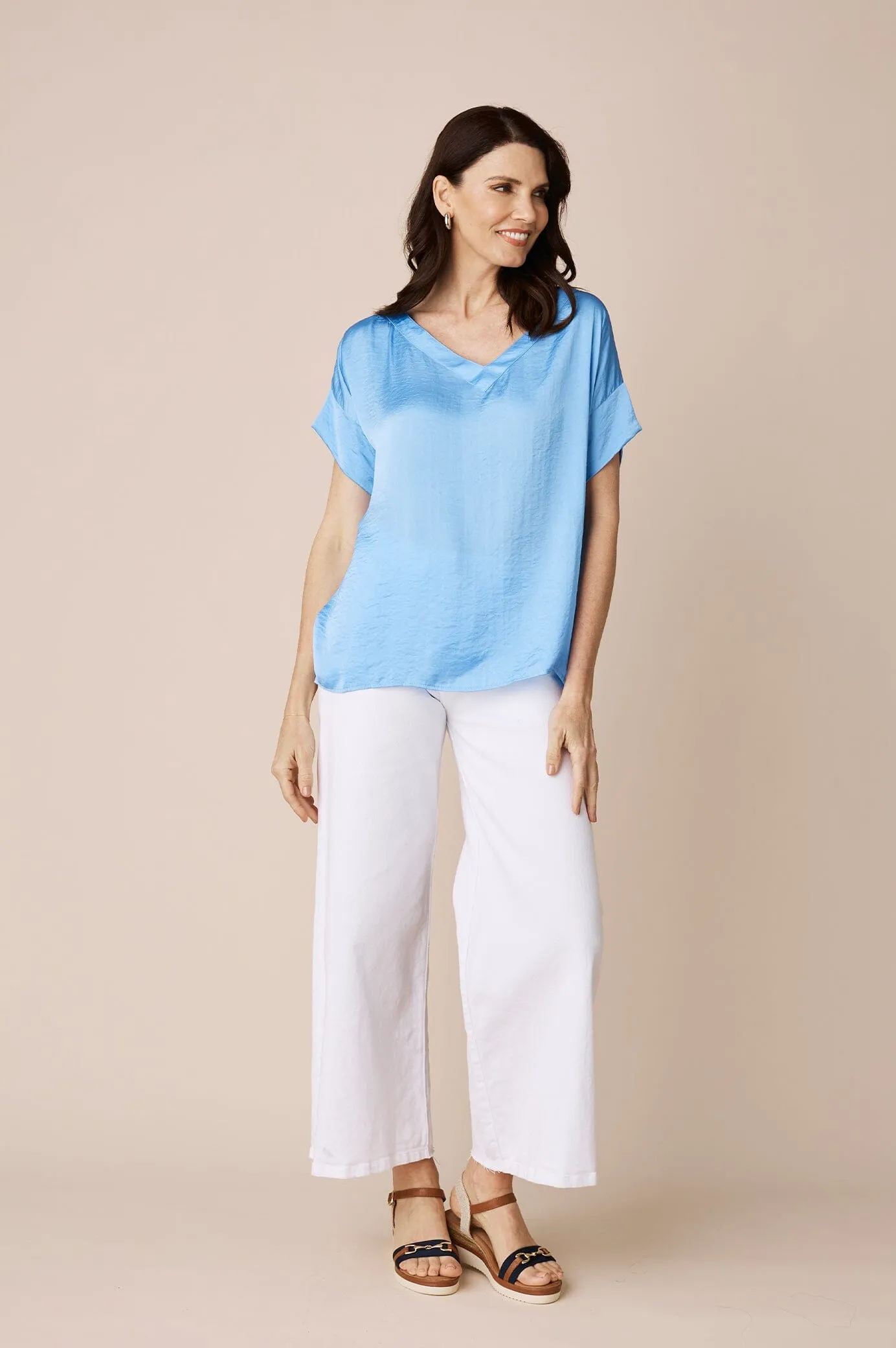 Bianca Short Sleeve Top Ocean Blue with V Neck