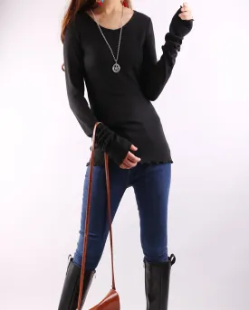 bottoming Cotton t-Shirt, Women's Long Long Sleeves top, Black shirt, v-neck top, form fitting top(Y1117)