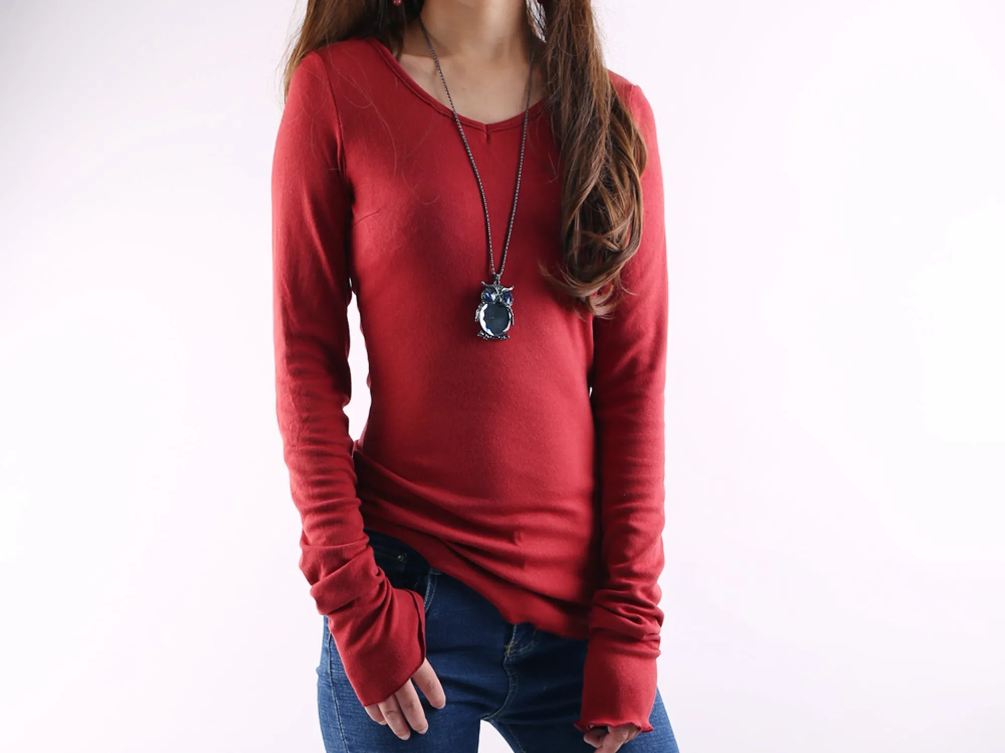 bottoming Cotton t-Shirt, Women's Long Long Sleeves top, Black shirt, v-neck top, form fitting top(Y1117)