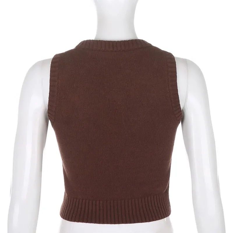 Brown Argyle Vintage Cropped Sweater Vest Autumn Sleeveless Knit Pullover Preppy Style Jumper Casual Plaid Knitwear 90s