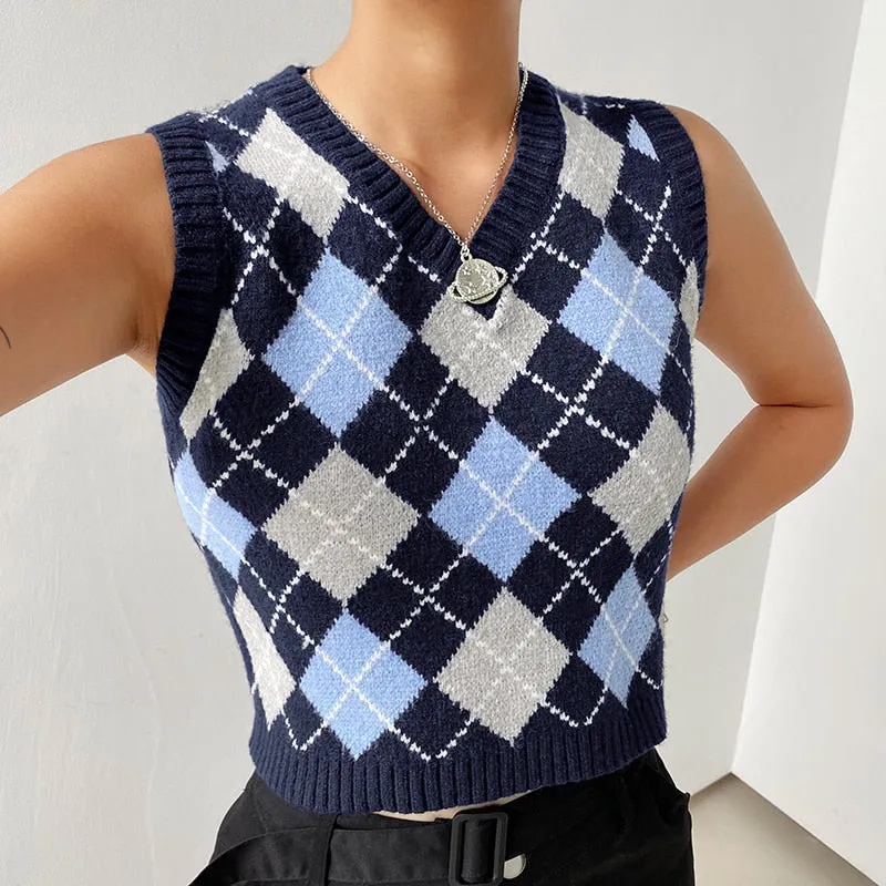 Brown Argyle Vintage Cropped Sweater Vest Autumn Sleeveless Knit Pullover Preppy Style Jumper Casual Plaid Knitwear 90s