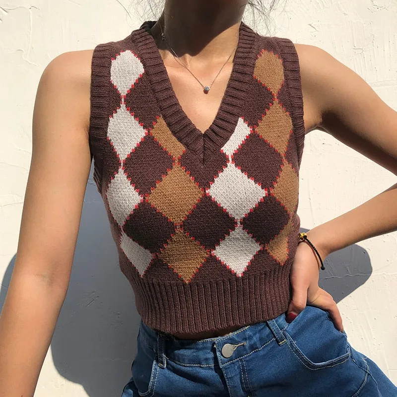 Brown Argyle Vintage Cropped Sweater Vest Autumn Sleeveless Knit Pullover Preppy Style Jumper Casual Plaid Knitwear 90s