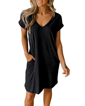 BTFBM Women's V-Neck Short Sleeve Dresses Solid Color Casual Loose Fit T-Shirt Tunic Short Dress Pajamas Striped Print(Black, Medium)