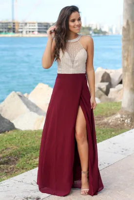 Burgundy and Cream Maxi Dress with Tulle Back