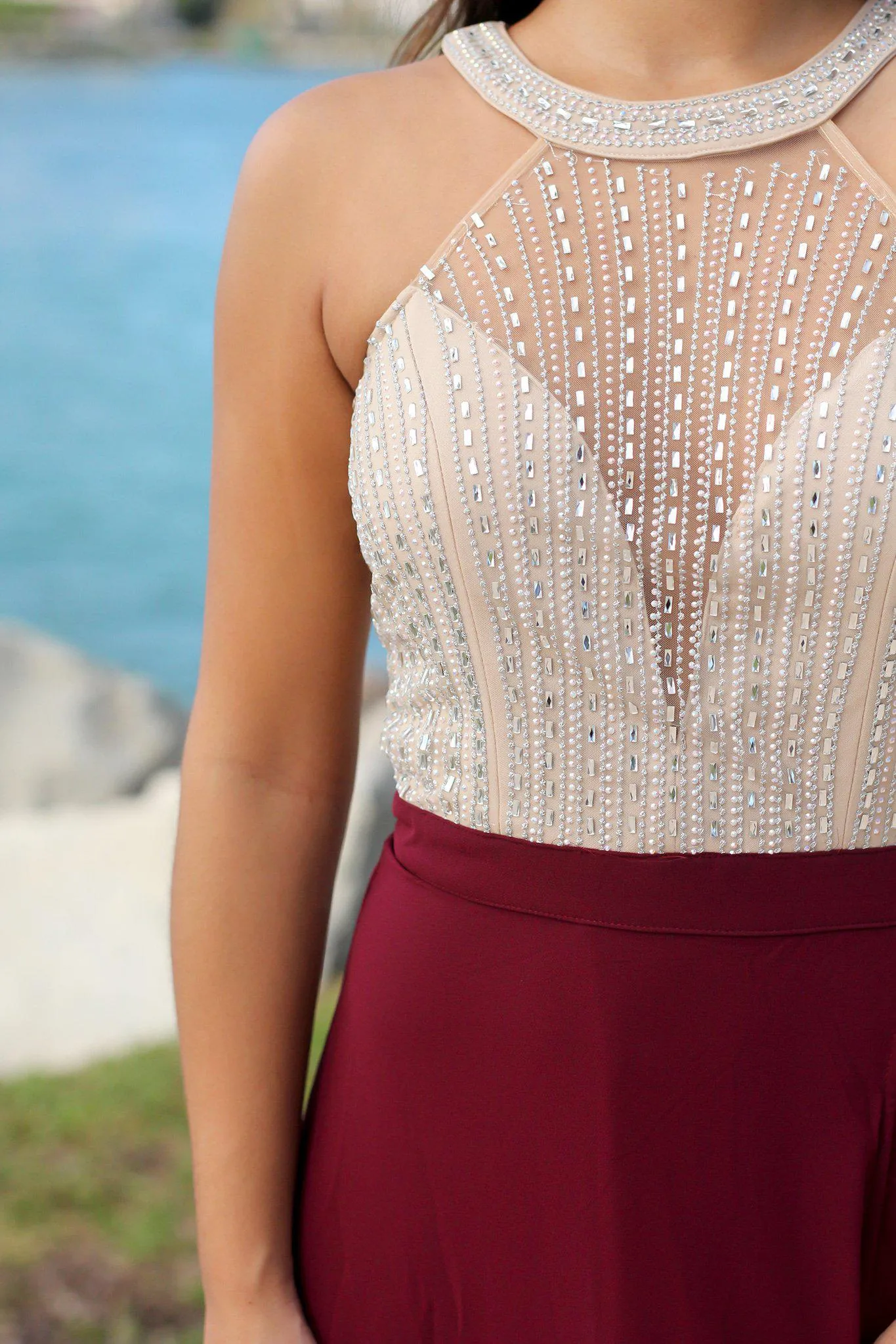 Burgundy and Cream Maxi Dress with Tulle Back