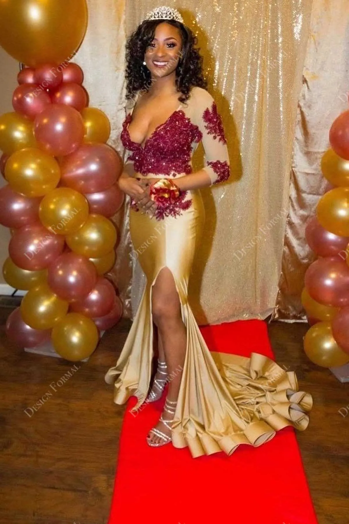 Burgundy Lace Gold Jersey V-neck Made-to-Order Mermaid Prom Dress