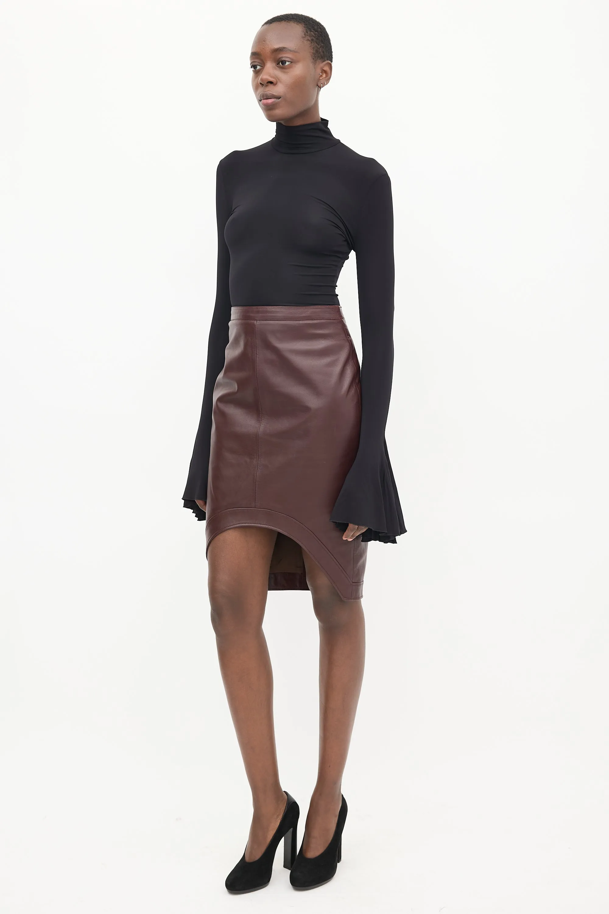 Burgundy Leather High Low Skirt