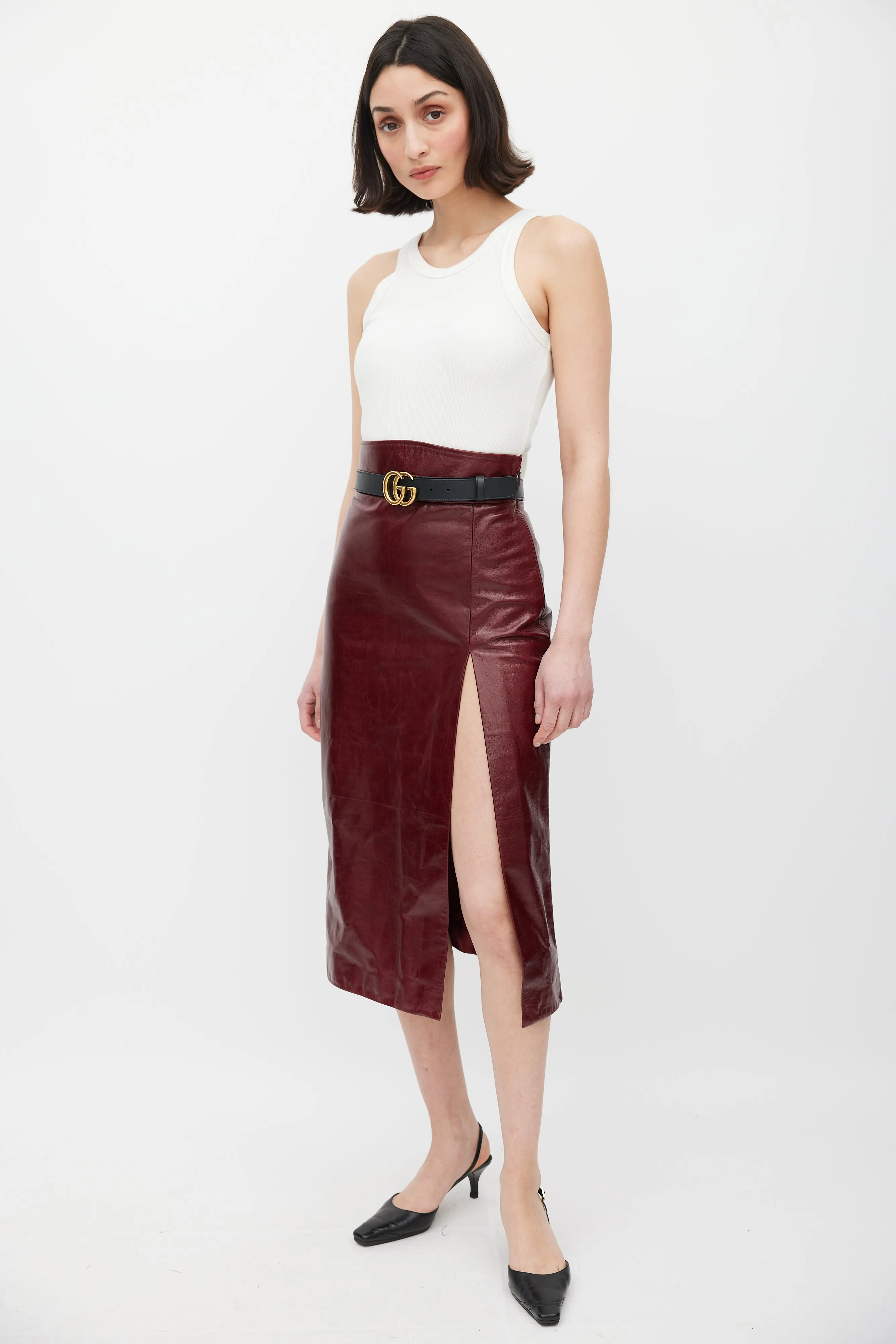 Burgundy Leather Slit Skirt