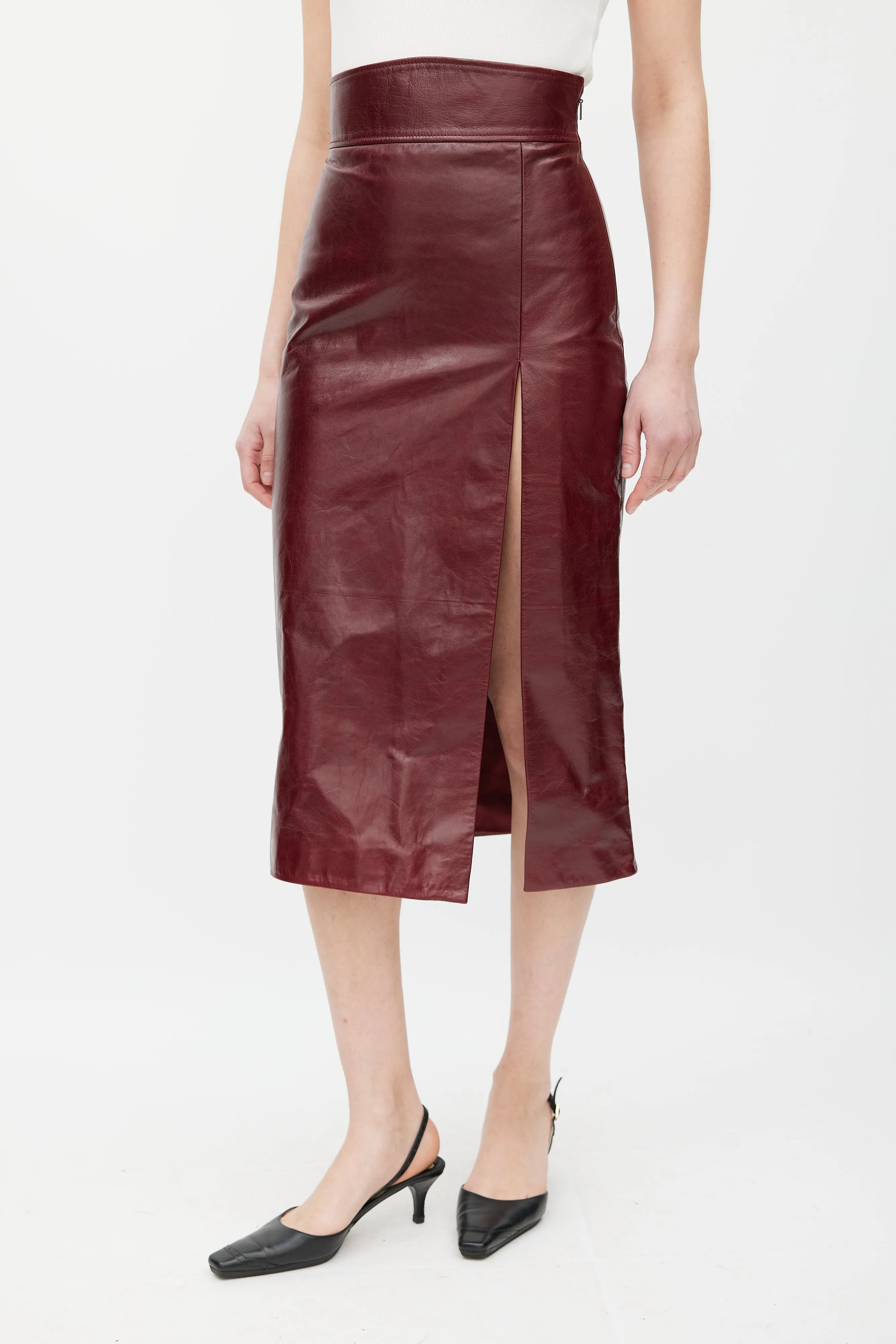 Burgundy Leather Slit Skirt