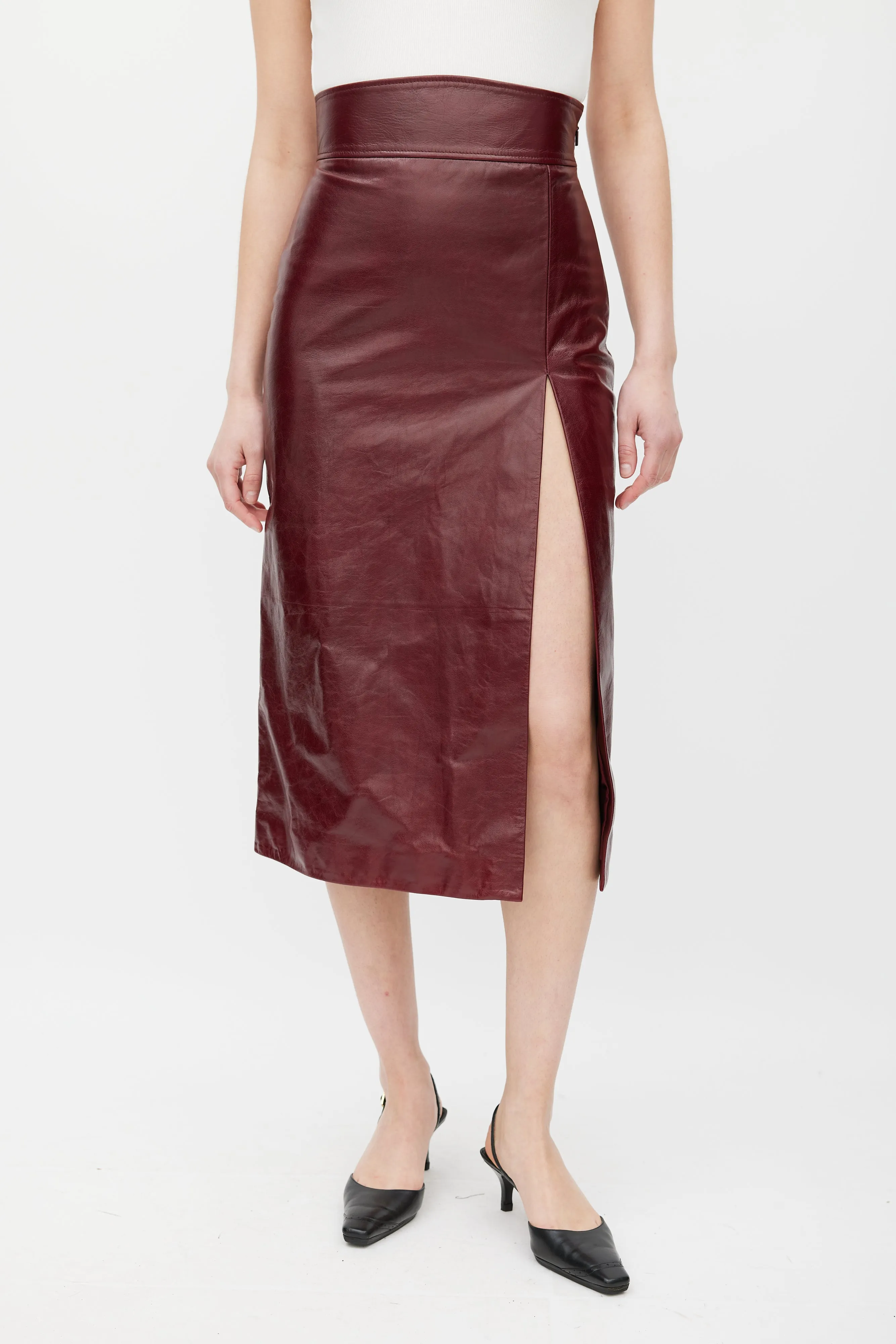 Burgundy Leather Slit Skirt