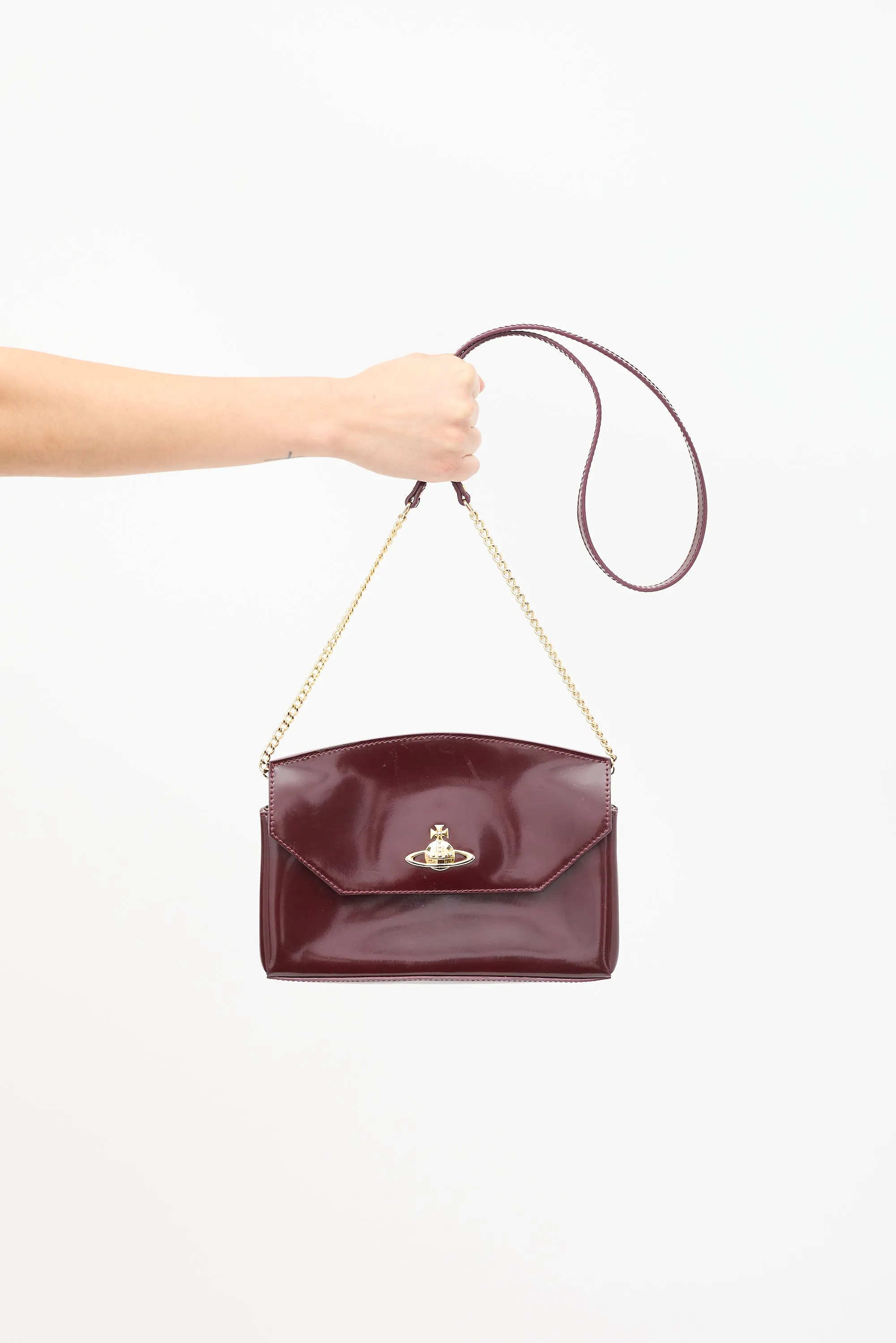 Burgundy Patent Chain Flap Clutch