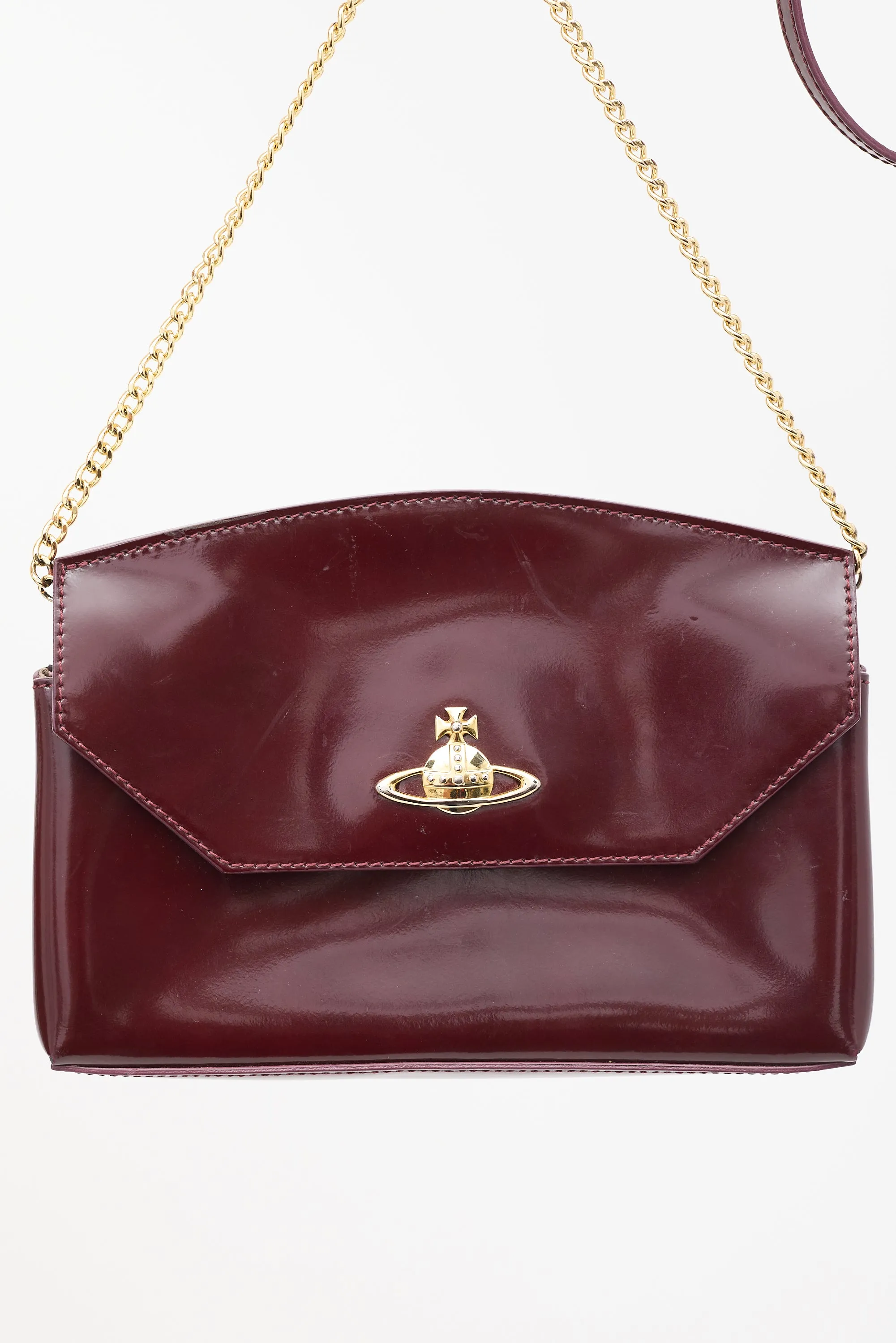 Burgundy Patent Chain Flap Clutch