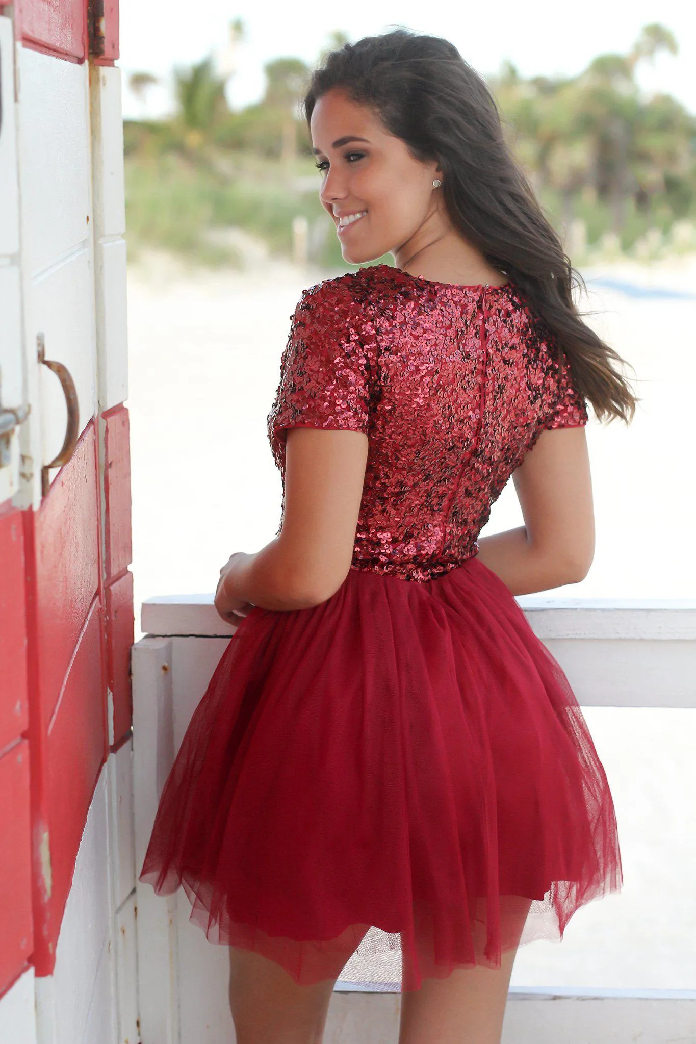 Burgundy Sequin Top Short Dress