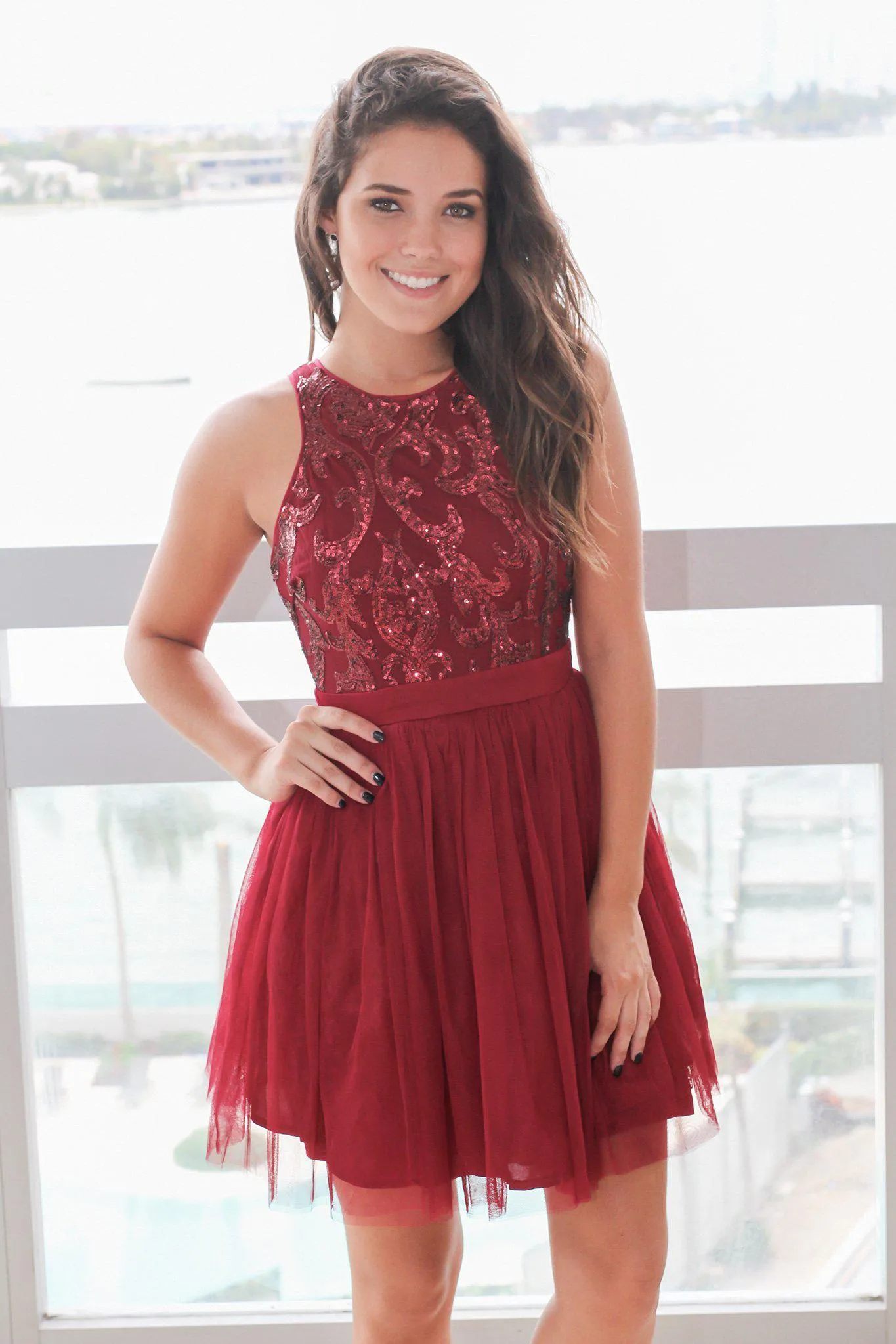 Burgundy Short Dress with Sequin Top