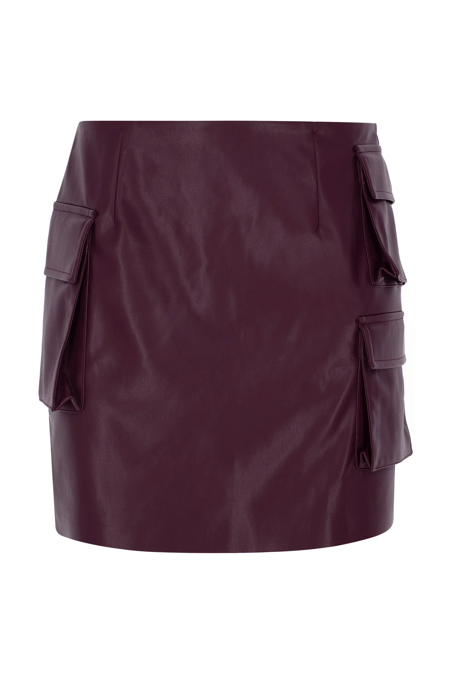 BURGUNDY VEGAN LEATHER CARGO POCKET MINI SKIRT