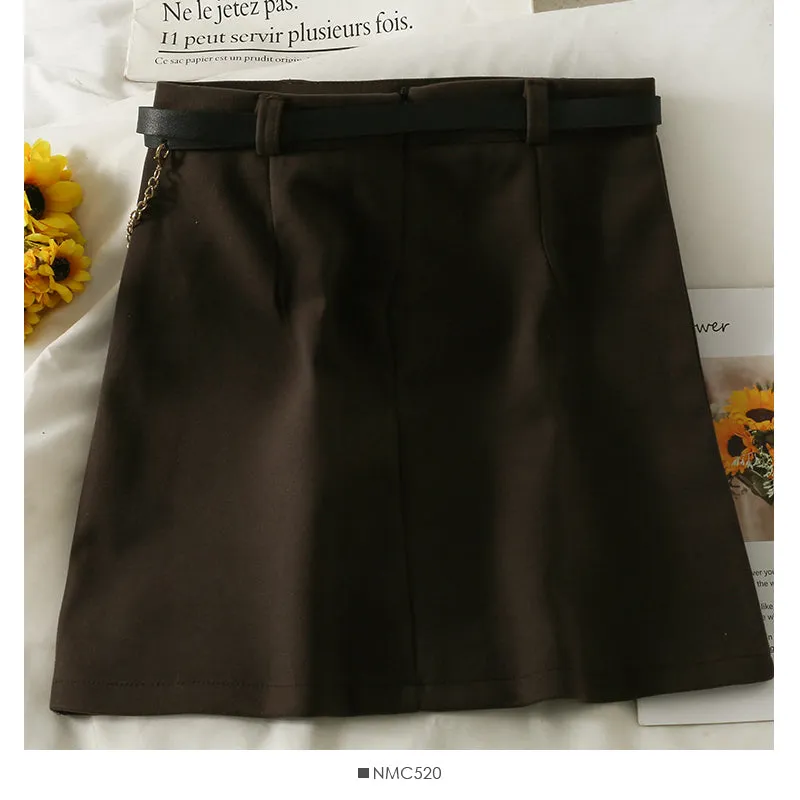 Chain decorative high waist slim A-line skirt  2630