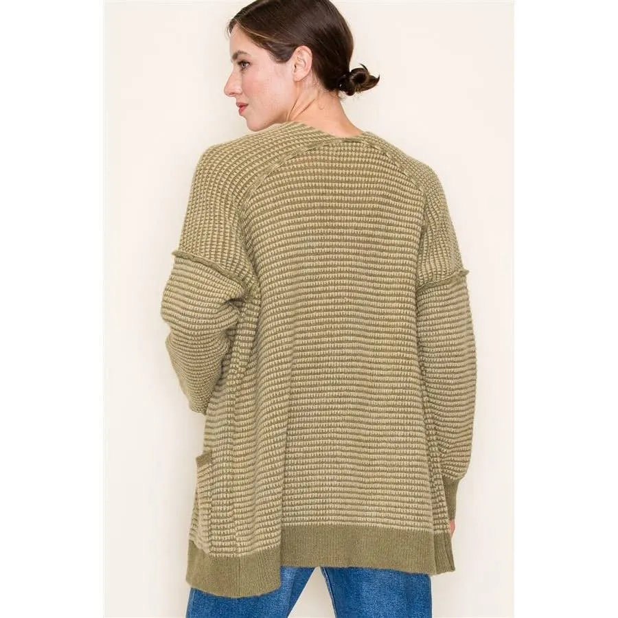 Color Waffle Textured Raw Edge Seam Open Front Cardigan