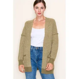 Color Waffle Textured Raw Edge Seam Open Front Cardigan