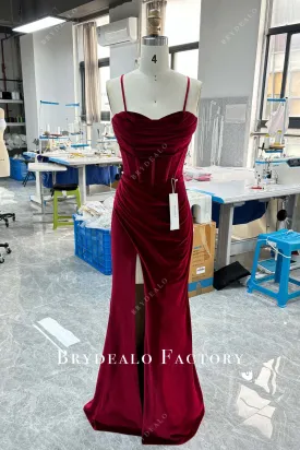 Custom Burgundy Velvet Overlaid Gold Satin Slit Long Prom Dress