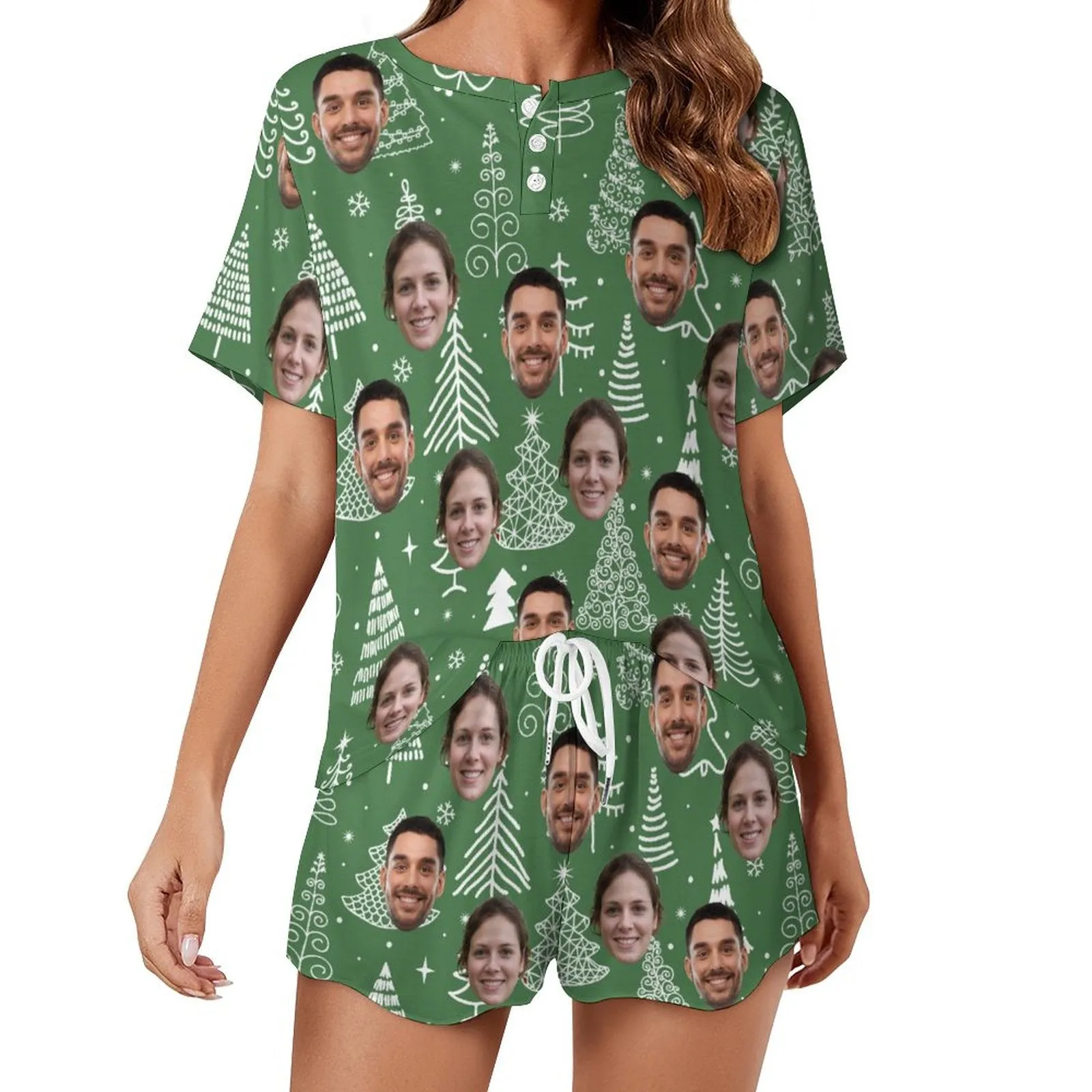 Custom Face Couple Line Chrismas Tree Green Print Pajama Set Women's Short Sleeve Top and Shorts Loungewear Athletic Tracksuits