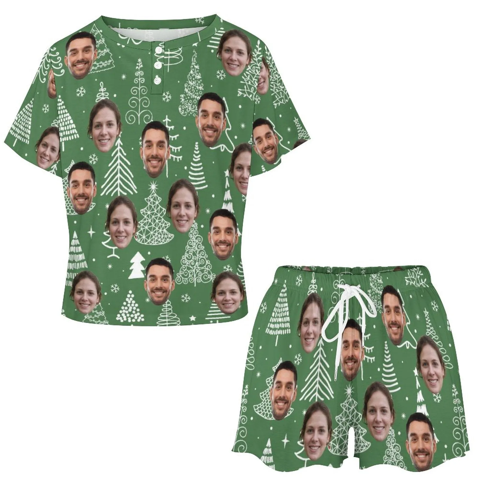 Custom Face Couple Line Chrismas Tree Green Print Pajama Set Women's Short Sleeve Top and Shorts Loungewear Athletic Tracksuits