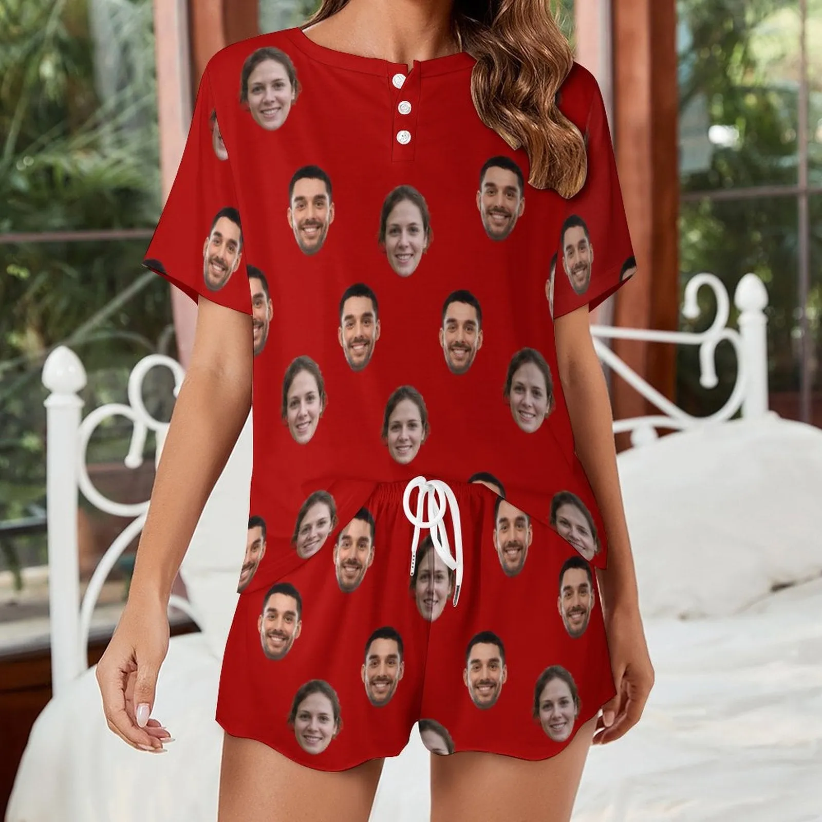 Custom Face Couple Red Print Pajama Set Women's Short Sleeve Top and Shorts Loungewear Athletic Tracksuits