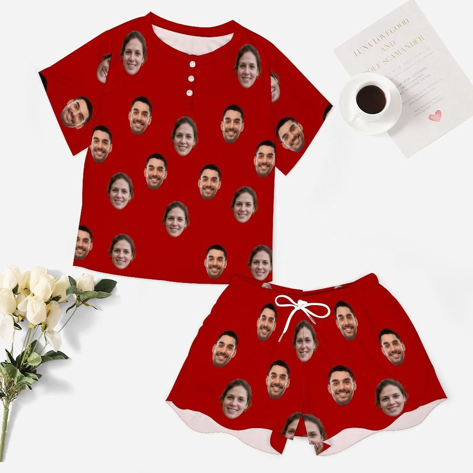 Custom Face Couple Red Print Pajama Set Women's Short Sleeve Top and Shorts Loungewear Athletic Tracksuits