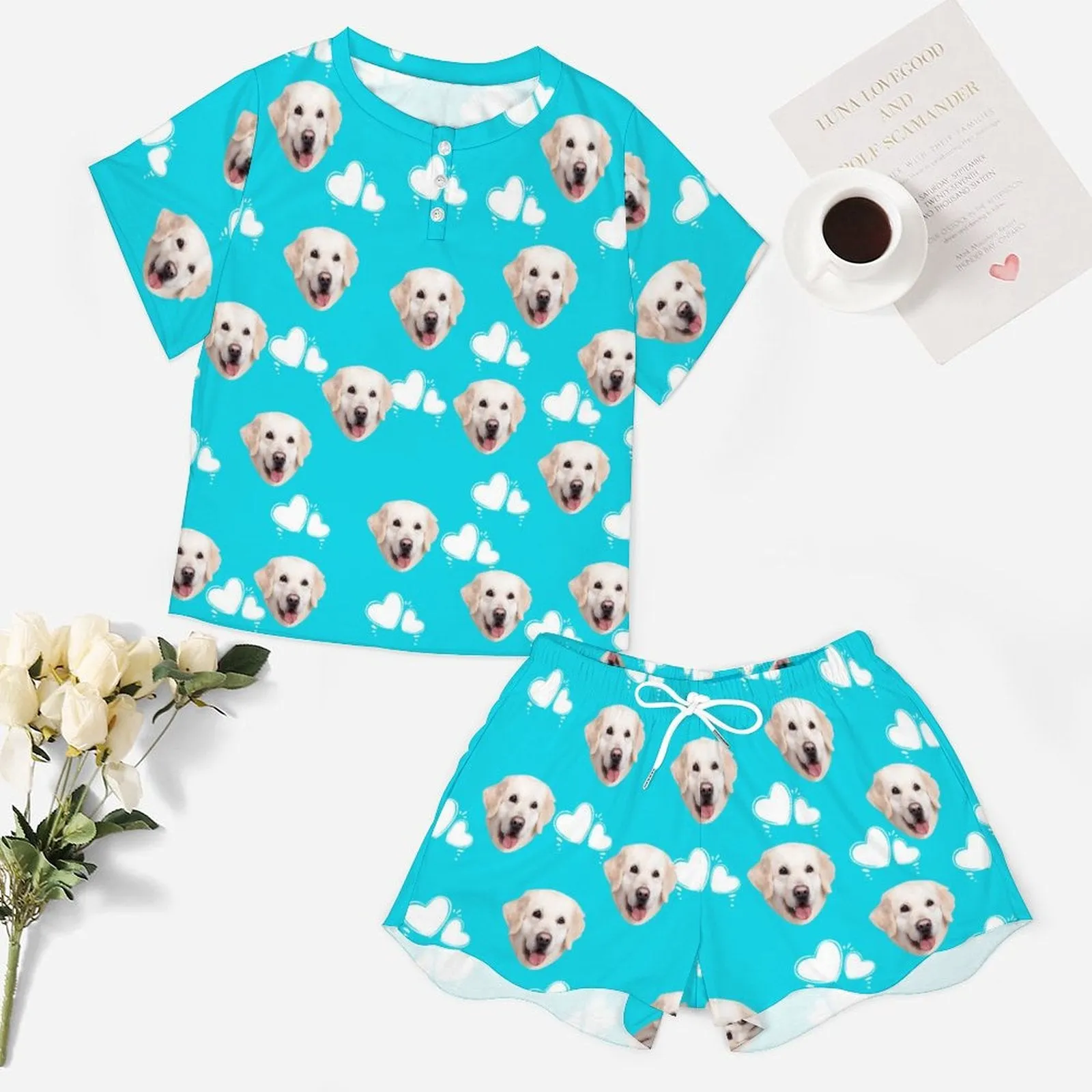 Custom Face Cute Dog White Heart Blue Print Pajama Set Women's Short Sleeve Top and Shorts Loungewear Athletic Tracksuits