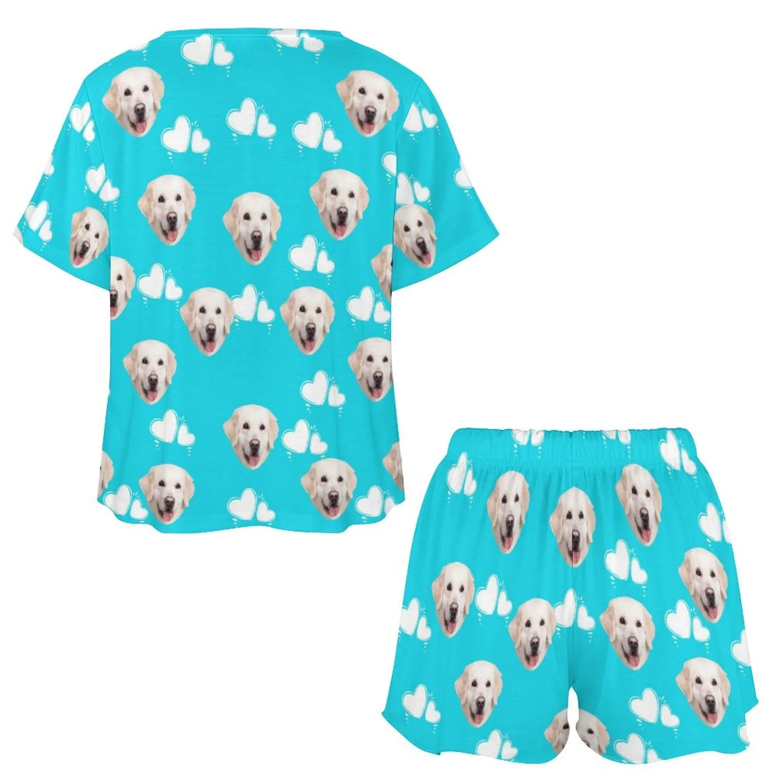 Custom Face Cute Dog White Heart Blue Print Pajama Set Women's Short Sleeve Top and Shorts Loungewear Athletic Tracksuits