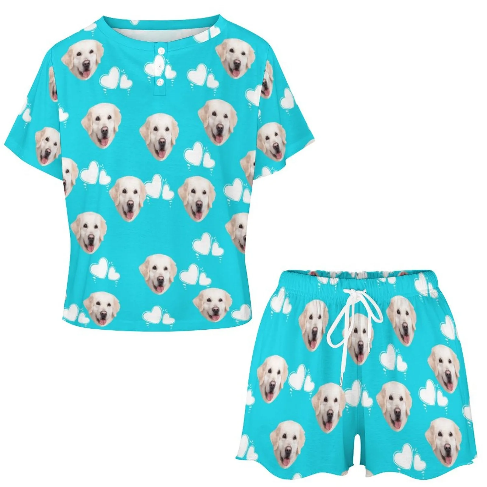 Custom Face Cute Dog White Heart Blue Print Pajama Set Women's Short Sleeve Top and Shorts Loungewear Athletic Tracksuits