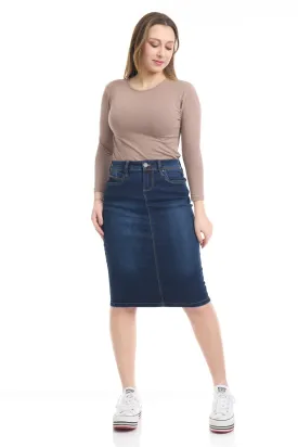 Dark Blue Stretchy Below Knee Jean Pencil Skirt 'Melrose'