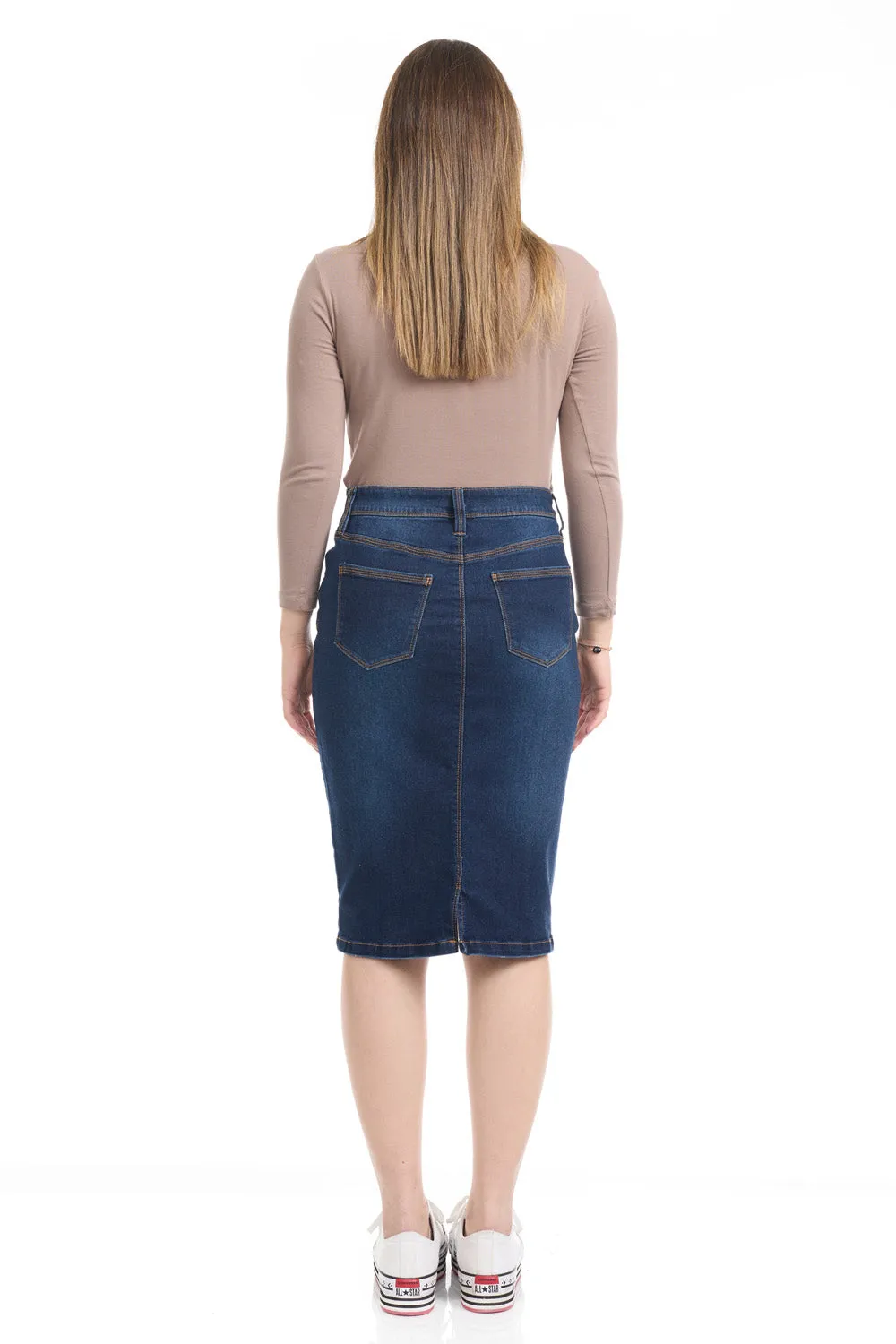 Dark Blue Stretchy Below Knee Jean Pencil Skirt 'Melrose'