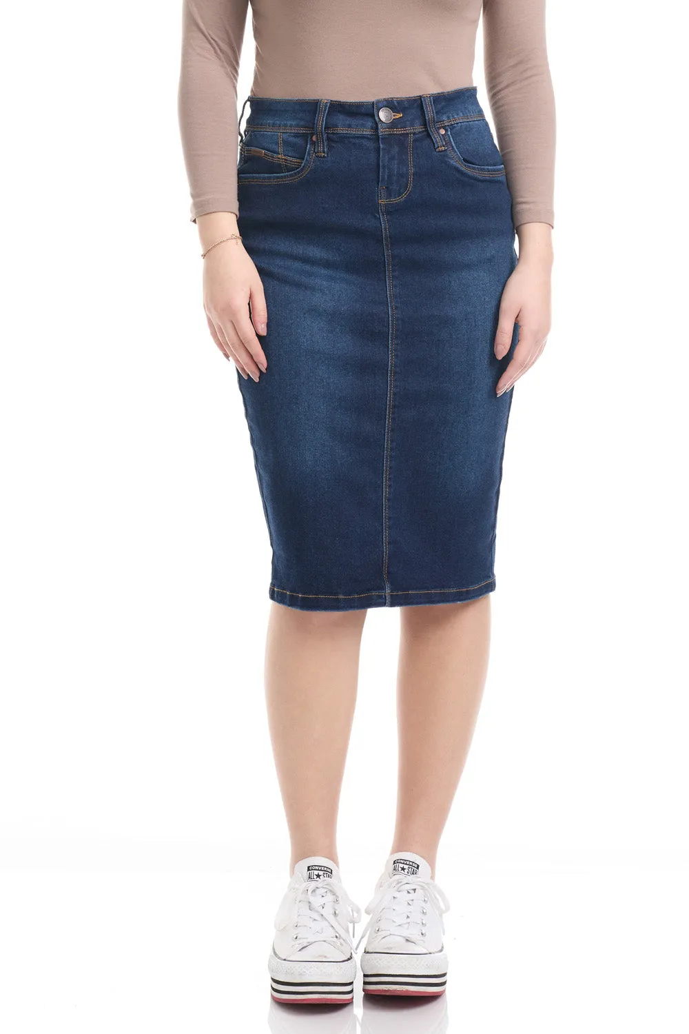 Dark Blue Stretchy Below Knee Jean Pencil Skirt 'Melrose'