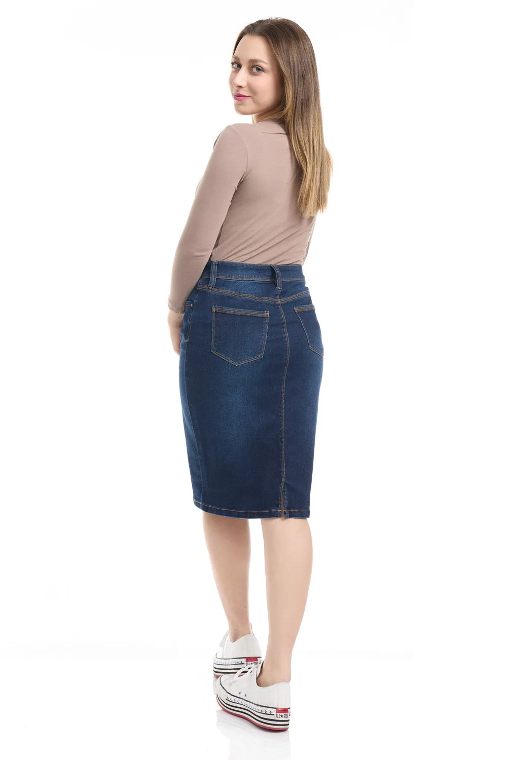 Dark Blue Stretchy Below Knee Jean Pencil Skirt 'Melrose'