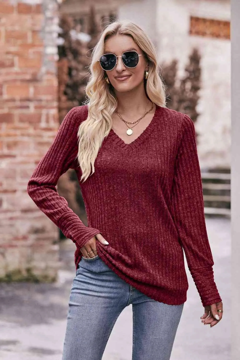 Double Take V-Neck Long Sleeve Ribbed Top