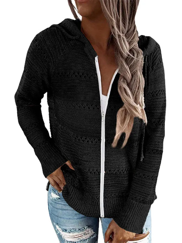 Drawstring Hollow Split-Side Zipper Long Sleeves Loose Round-Neck Knitwear Cardigan Tops