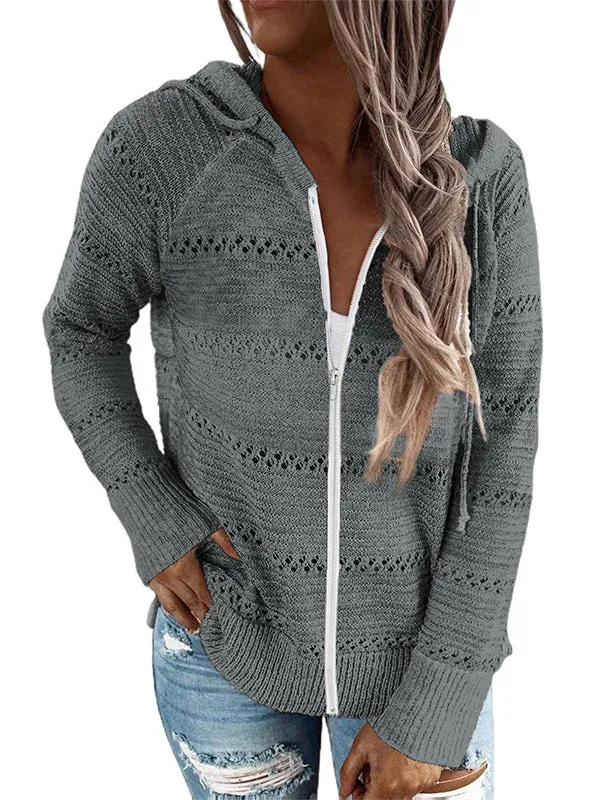 Drawstring Hollow Split-Side Zipper Long Sleeves Loose Round-Neck Knitwear Cardigan Tops